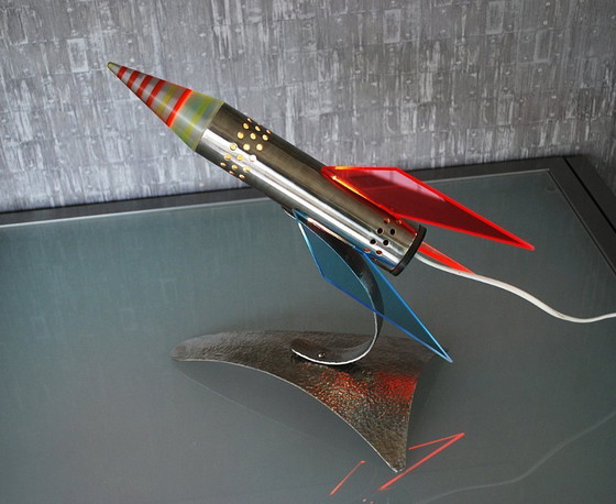 Image 1 of Rocket lamp, Red Yellow Blue made of stainless steel 1970s Space age, handmade
