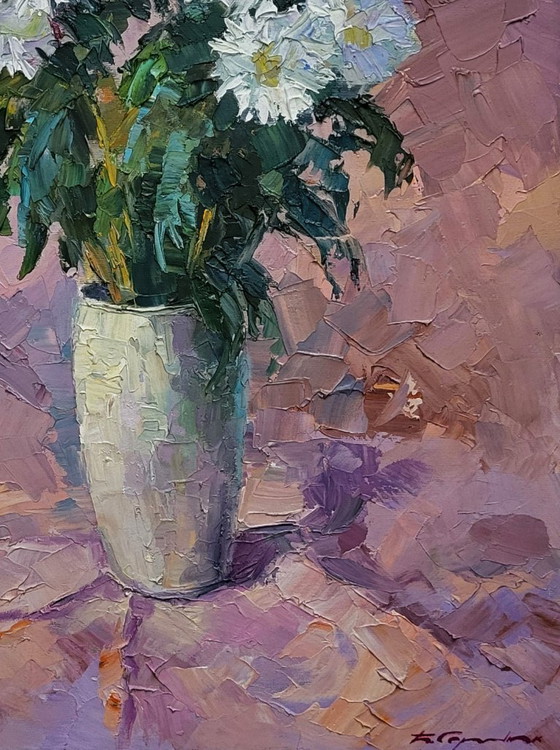 Original Oil Painting Still Life Bouquet of Flowers Chrysanthemum on Pink – Paintings & Drawings, Canvas (photo 7 of 7)