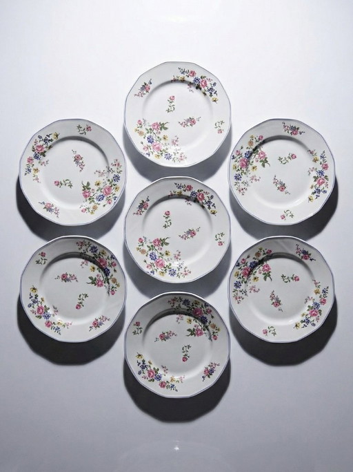 7 Bernardaud Limoges Porcelain Dessert Plates with Floral Decor, 1920s-1950s
