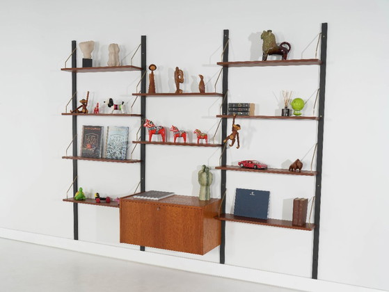 Danish Modular Shelving From The 1970s — Teak Veneer With Black Wall Rails, Ten Shelves – Bookcases, Wood (photo 3 of 18)