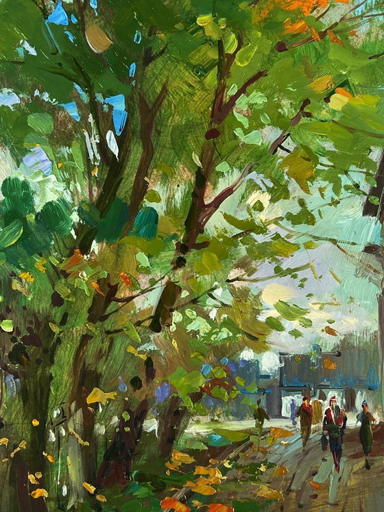 Image 1 of Peinture à l'huile originale représentant une rue de ville en journée