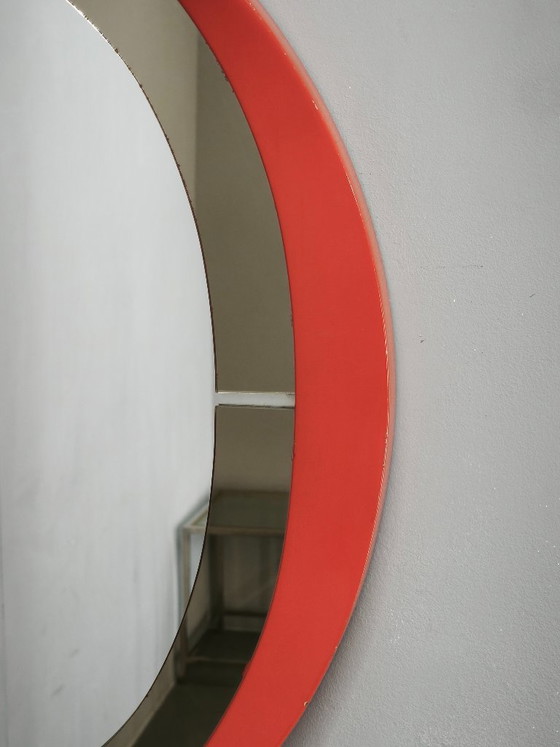 1970s Italian Space Age Red Lacquer and Smoked Glass Round Mirror – Wood (photo 4 of 9)
