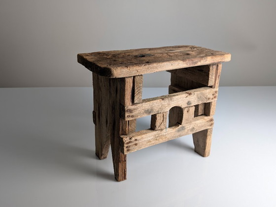 Image 1 of Antique Wood Stool, Wabi Sabi Style, Old Artisan Craftsmanship