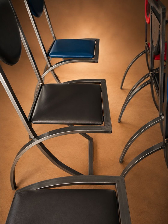 Originele KFF designstoelen – vintage jaren 80 – gekleurde set – Eetkamerstoelen, Leather, Metal (photo 3 of 8)