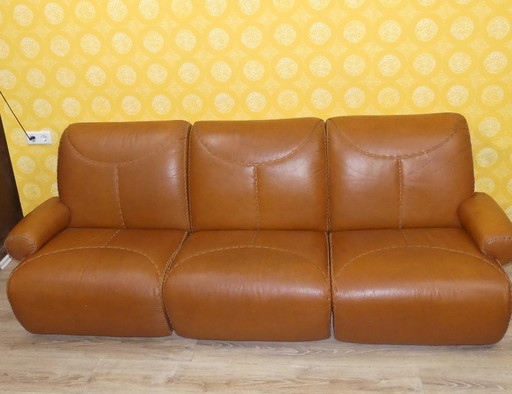 3 Sitzer Couch Baseball Stil Leder Cognac top Zustand retro vintage 70er Jahre Teil einer GARNITUR modular Sofa Armchair karamel