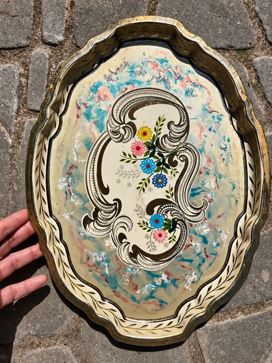 Baret Ware Vintage English Serving Tray, 1960s Mid-Century Floral Design, Table accessories, Metal, Black (photo 4 of 7)