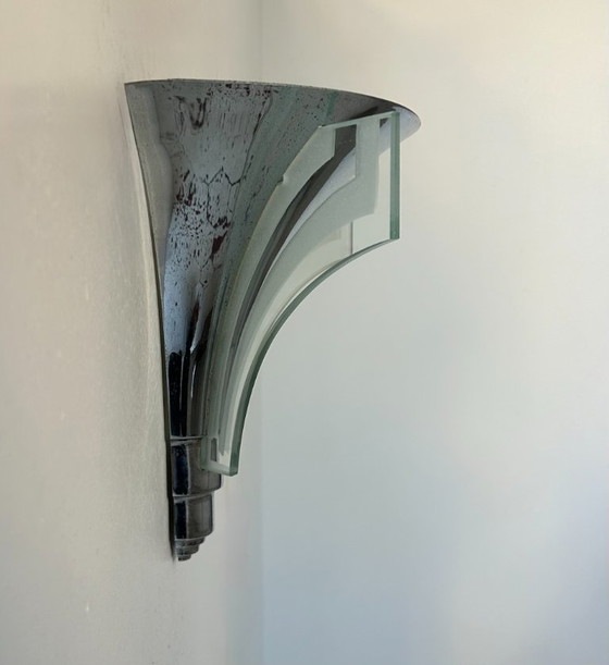 Image 1 of Lampada da parete modernista Art Déco, cromo e vetro sabbiato, Francia 1930
