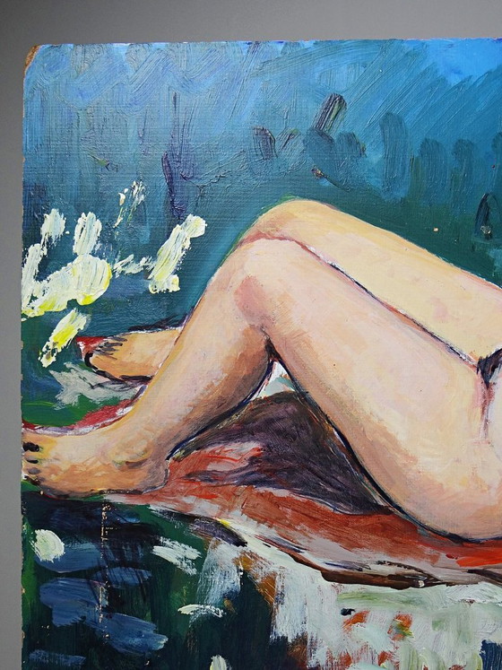 Image 1 of Small painting of a reclining nude woman, modern oil on vintage panel