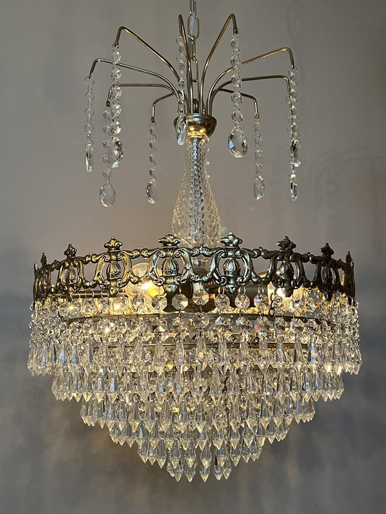 Image 1 of Vintage Crystal Chandelier Pendant Lamp Bronze Gold Frame