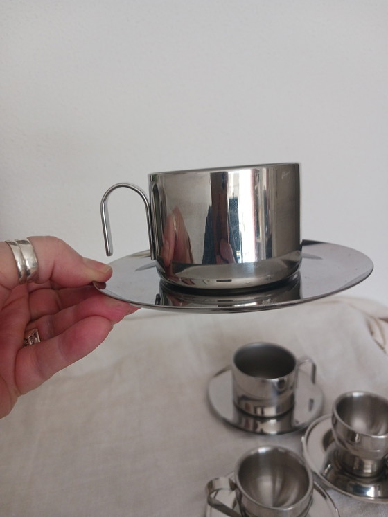Image 1 of Set Van 4 RVS Espresso en Koffie Kop en Schotel Jaren '80