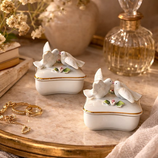 Joyeros de porcelana vintage con palomas y detalles dorados, juego de 2, decoración romántica