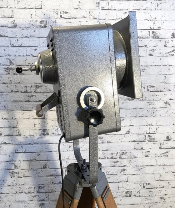 Image 1 of Vintage Grey Theater Spotlight on Wooden Tripod, 1980s