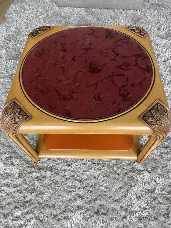 Image 1 of Tavolino da caffè vintage art déco in vetro, velluto e pelle