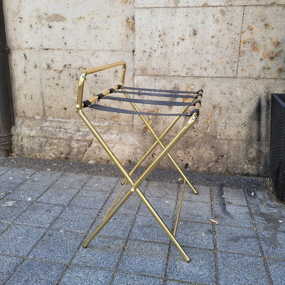 Image 1 of Portavaligie pieghevole per hotel, acciaio placcato oro e tessuto, anni '90 - Francia