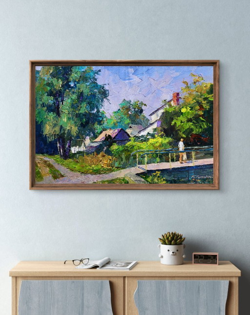 Origineel olieverfschilderij: Landelijk landschap, zomerdorp, over de brug in het bos.