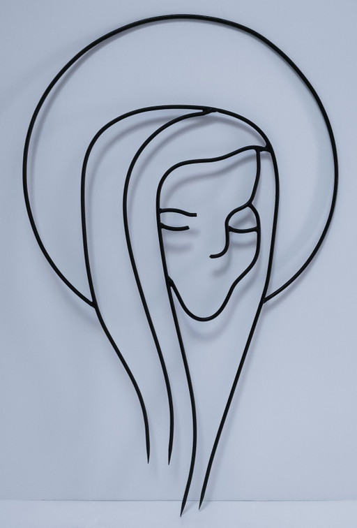 Scultura modernista in metallo, santo stilizzato, anni '60