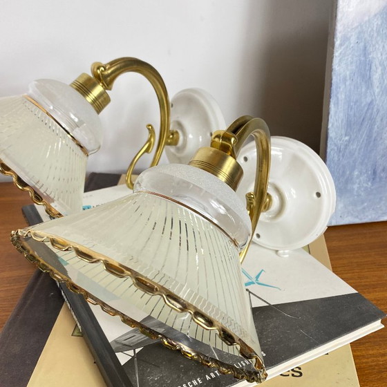 Pair of Antique Brass Wall Sconces with Flared Glass Tulip Shades and Gilding – Wall lights (photo 6 of 9)