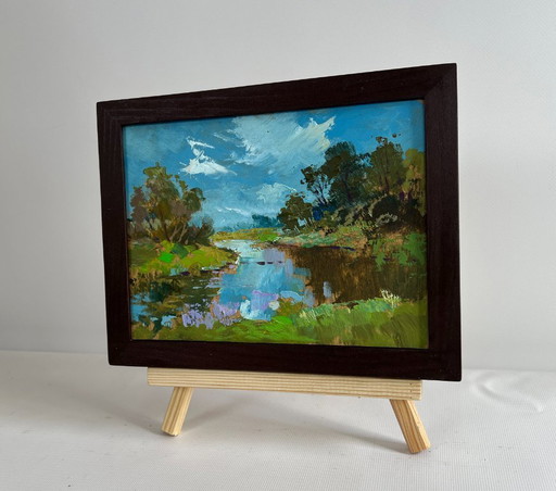 Original Oil Painting Summer River Landscape The Winding River