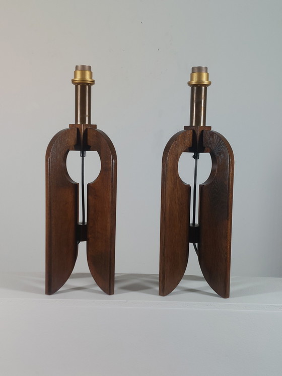 Image 1 of Rare vintage pair of wooden Temde table lamps