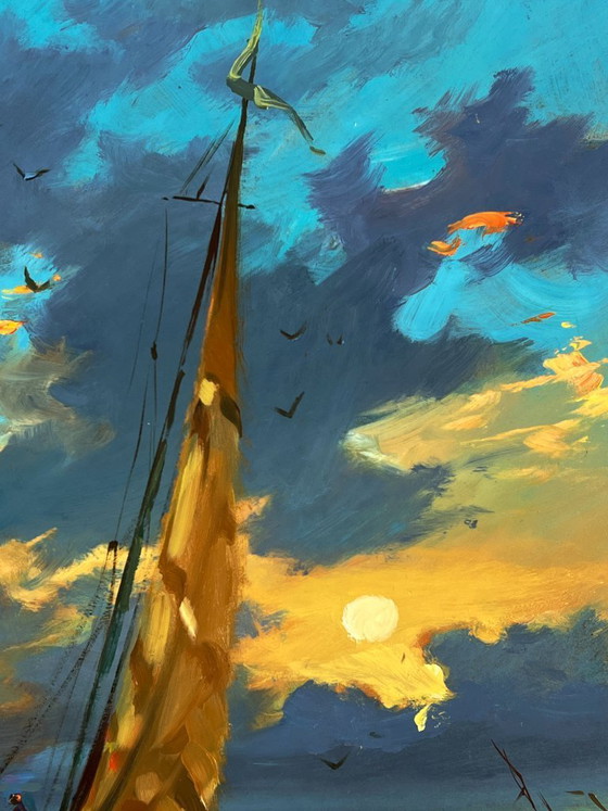 Image 1 of Dipinto ad olio originale: Paesaggio marino, cielo e barca a vela al tramonto