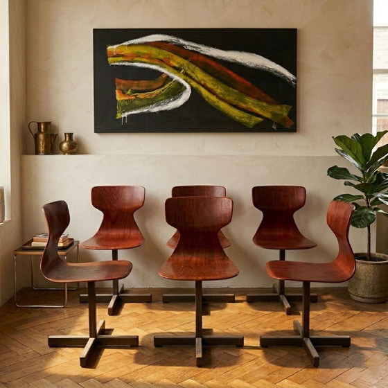 Image 1 of Set van 6 Pagholz stoelen in mid-century modern stijl, met gevormde multiplex zittingen en stalen onderstel, jaren 60.