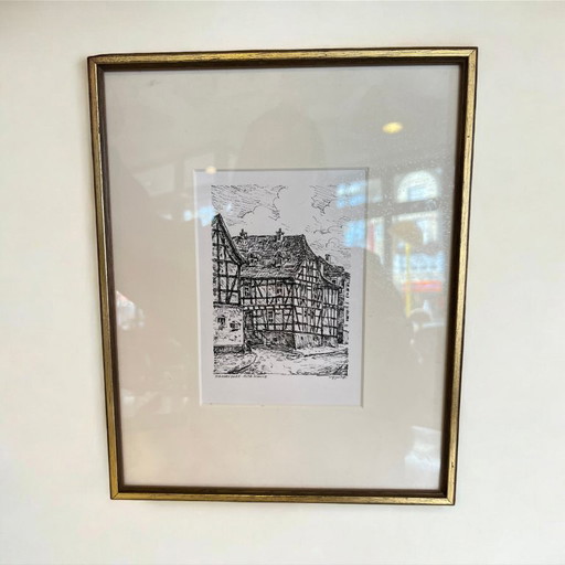 Ancien dessin "Vieille école Heddesdorf" | Encadré | Avec identification de l'artiste & cachet de la galerie Neuwied