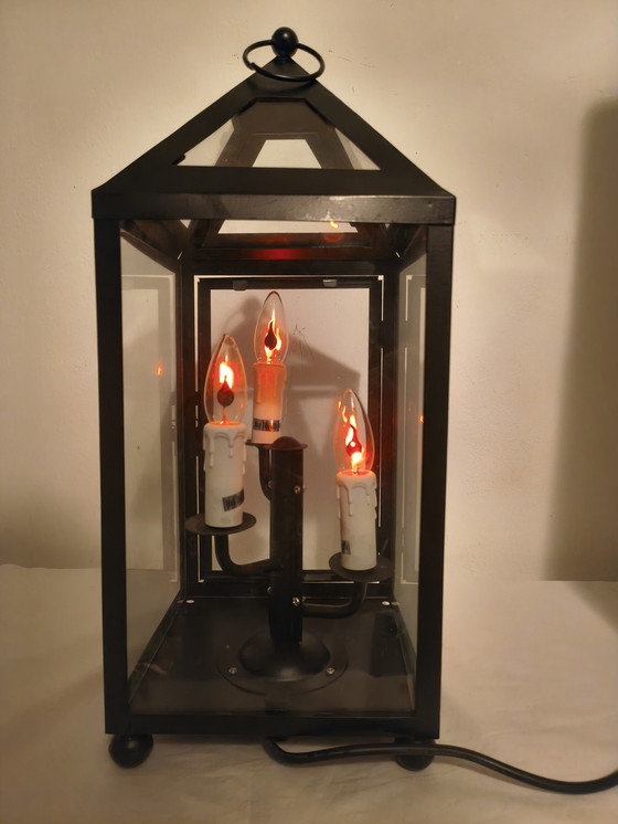 Image 1 of Klassische Laternen-Tischleuchte mit 3 Kerzenfassungen – schwarzes Metall und Glas