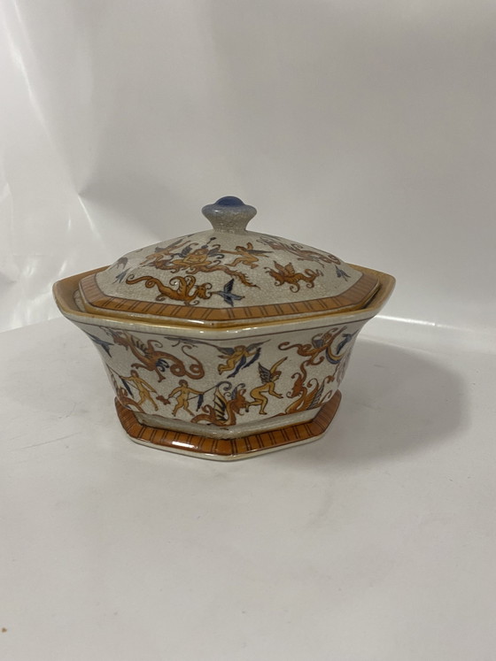 Image 1 of Boîte/soupe vintage en céramique de style chinoiserie avec couvercle