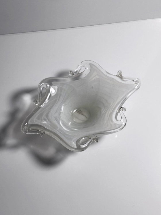 Image 1 of Murano ashtray, white vintage, milk glass bowl, Filigrana Opalina, 1970s, Italy, handmade, mouth-blown