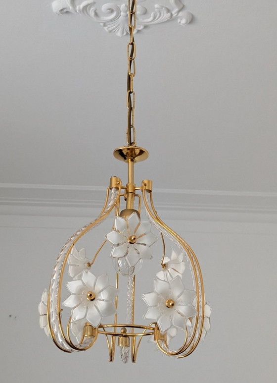 Image 1 of Vintage Murano glazen kroonluchter – "Bloemknop" – in hoogte verstelbaar