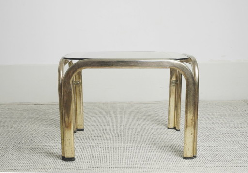 Messing-goudkleurige chromen glazen bijzettafel, vintage mid-century modern accenttafel, nachtkastje, jaren 70