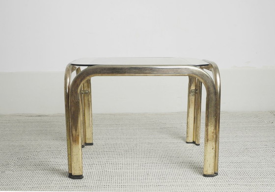Image 1 of Messing-goudkleurige chromen glazen bijzettafel, vintage mid-century modern accenttafel, nachtkastje, jaren 70