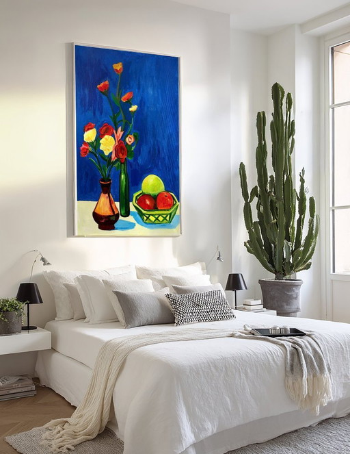 Acrylic painting by the artist E. García "Bodegón con fondo azul" 100x70 cm