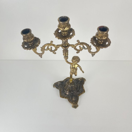 Image 1 of Antique three-arm candelabra in cast brass, cherub, late 19th-early 20th century