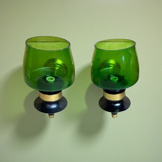 Image 1 of Pair Rustic style green glass wall sconce lamps, 1990s