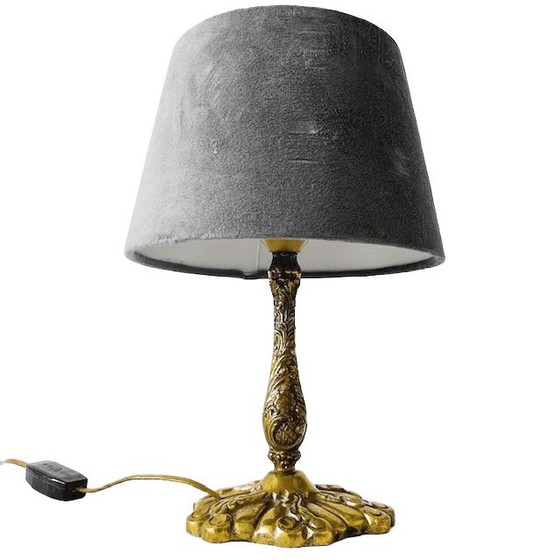 Image 1 of Antique Art Nouveau table lamp with brass, gold-gray lampshade, 1910s
