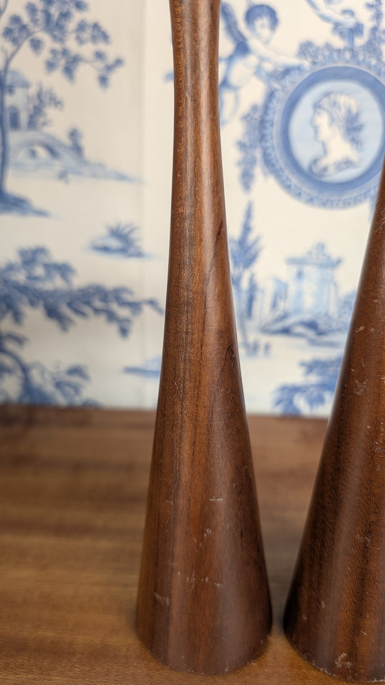 Image 1 of Pair of Scandinavian "Tulip" Candleholders in Vintage Teakwood from the 60s - Mid - Century Design