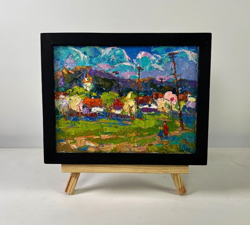 Original Oil Painting Summer Village Landscape Quiet fields under the open sky