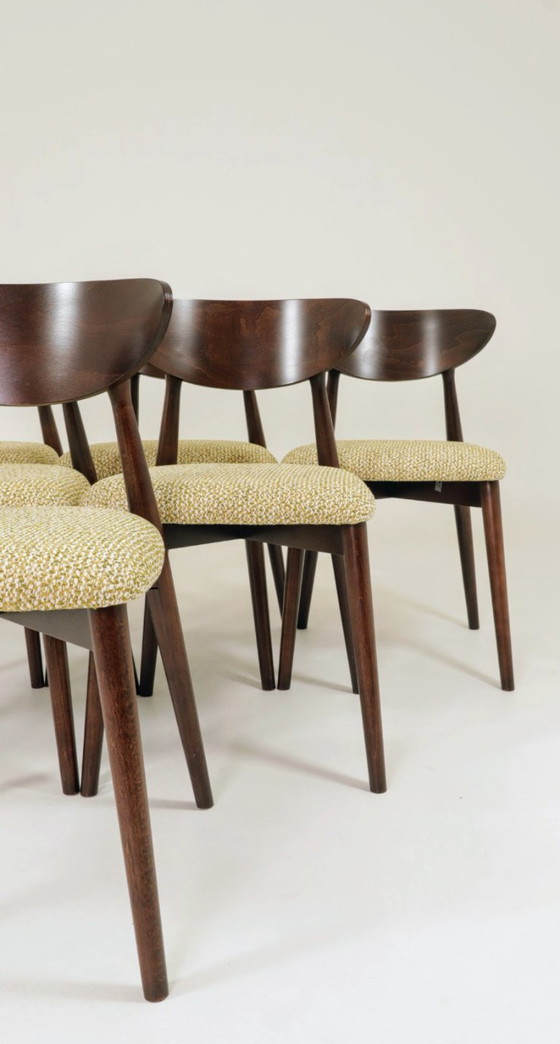 Image 1 of Set van 6 eetkamerstoelen, licht beukenhout, stof met groen patroon, modern ontwerp