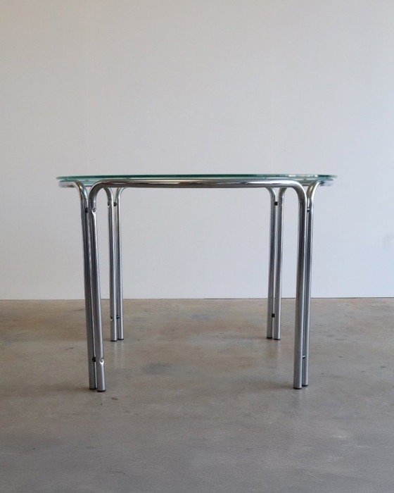 Image 1 of Vintage round tubular frame table frosted glass