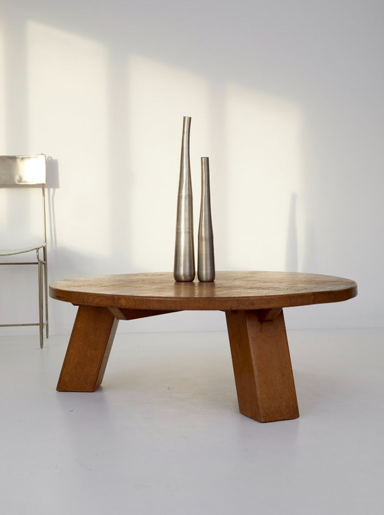 Image 1 of Vintage Brutalist round tripod coffee table in solid oak, circa 1960