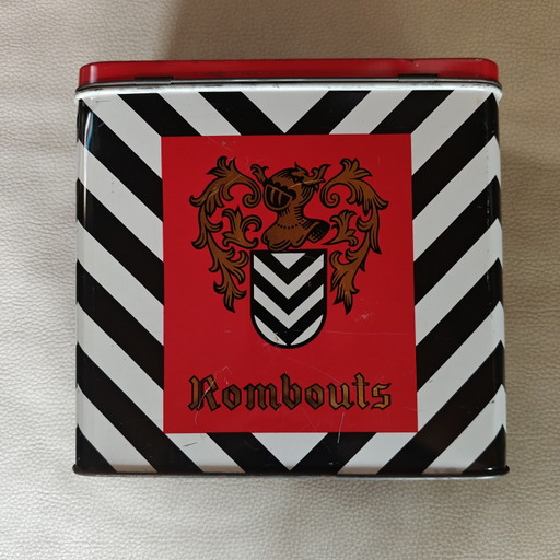 Barattolo di latta vintage per caffè Rombouts – Design grafico in bianco e nero – Latta pubblicitaria belga