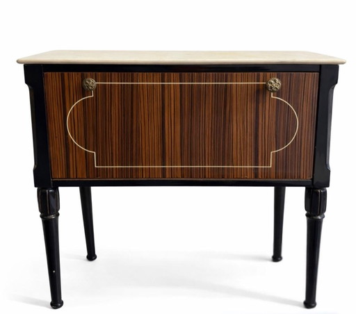 Italian bedside table pair, marble Makassar ebony veneer