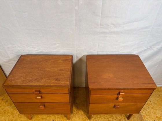 Image 1 of Pair of Vintage Stag Teak Bedside Cabinets – Mid-Century Modern (1960s–1970s)  A stunning pair of Mid-Century Modern teak bedsid