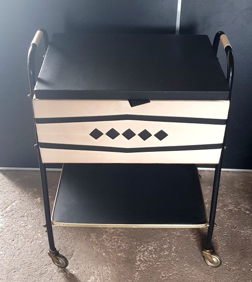 Table de couture vintage en cuir skaï blanc et noir, 1950S