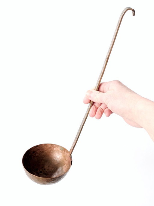 Large Vintage Copper Ladle with Hand-Etched Handle, Primitive European Kitchen Decor