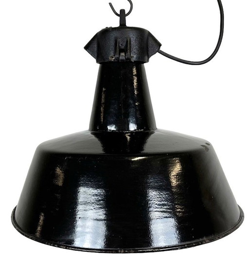 Industrial Black Enamel Factory Lamp with Cast Iron Top, 1960s