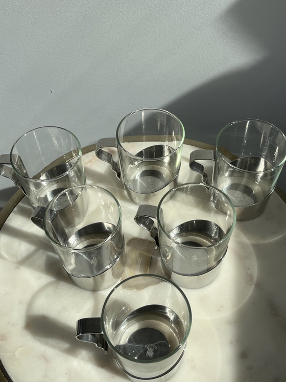 6 Vintage MCM/Space Age WMF Theeglazen Met Cromargan Houder – Tafelaccessoires, Glass, Metal (photo 5 of 5)