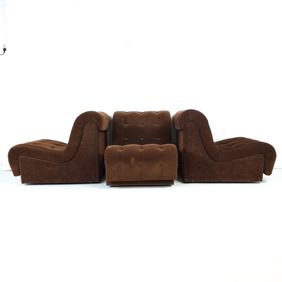Image 1 of Divano modulare vintage a 3 sezioni, velluto a coste marrone capitonné, anni '70, design moderno di metà secolo