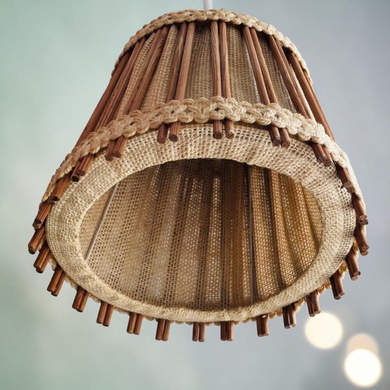 Image 1 of Skandinavische Hängelampe aus Holz und Jute im rustikalen Stil der Mitte des 20. Jahrhunderts, 1960er Jahre